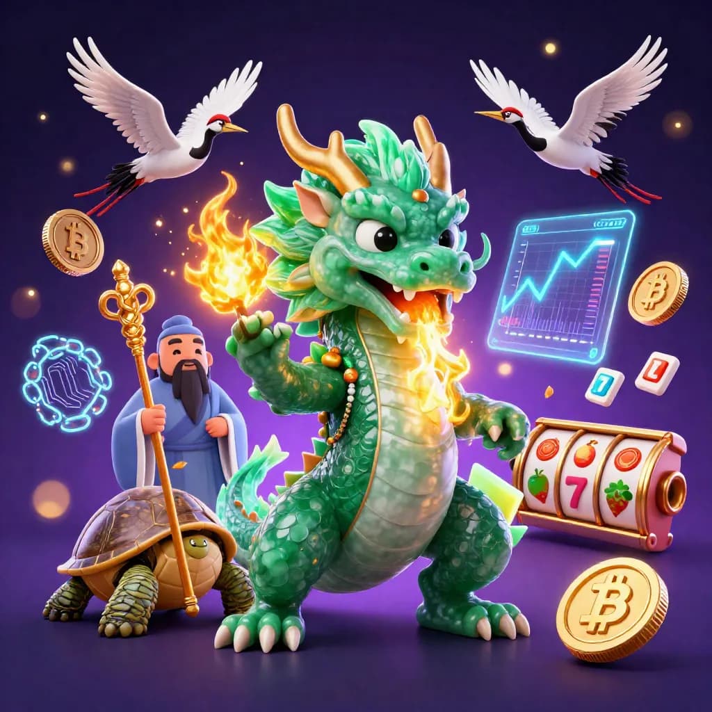 Jade dragon, turtle sage, and cranes amid neon crypto effects in a casino fantasy scene.