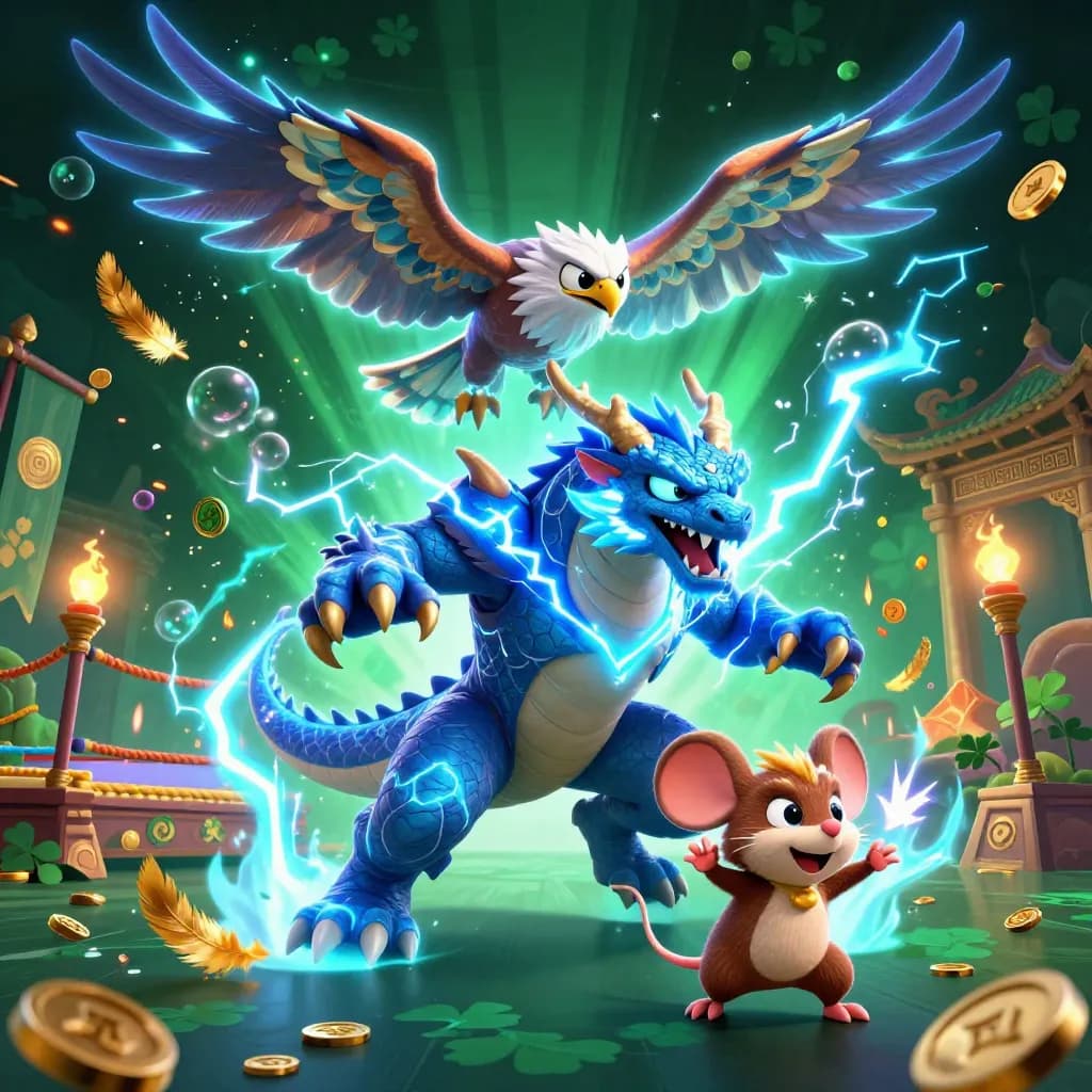 Thunder dragon, wind hawk, and static mouse amid temple gates, coins, and neon lightning.