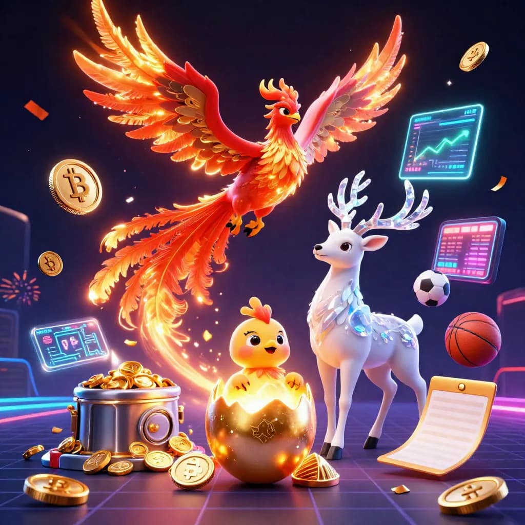 Phoenix, baby phoenix, and crystalline stag amid gold coins, crypto, and neon casino effects