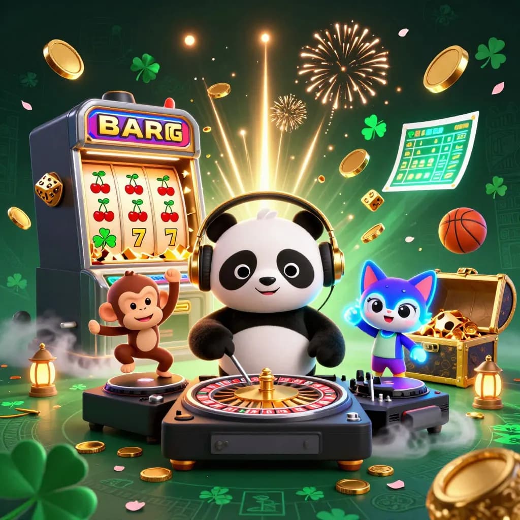 Panda DJ, monkey, and kitten amid bursting gold coins, jackpot rays, and neon casino magic.