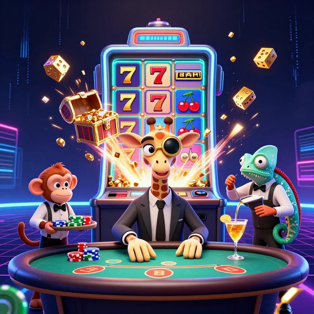 Giraffe, monkey, and chameleon at a neon casino table as a slot machine bursts gold and gems
