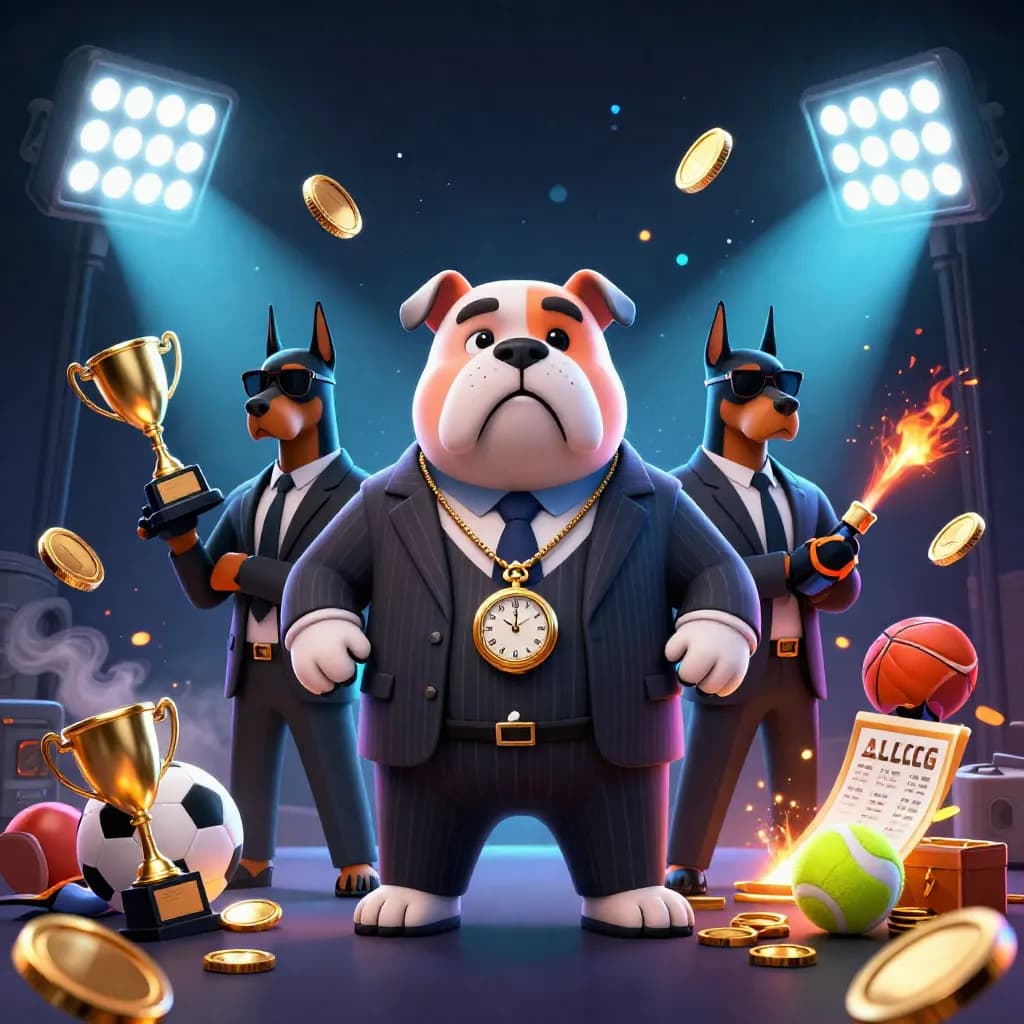 Bulldog boss with Doberman guards amid bursting vault coins, balls, trophy, neon casino lights.