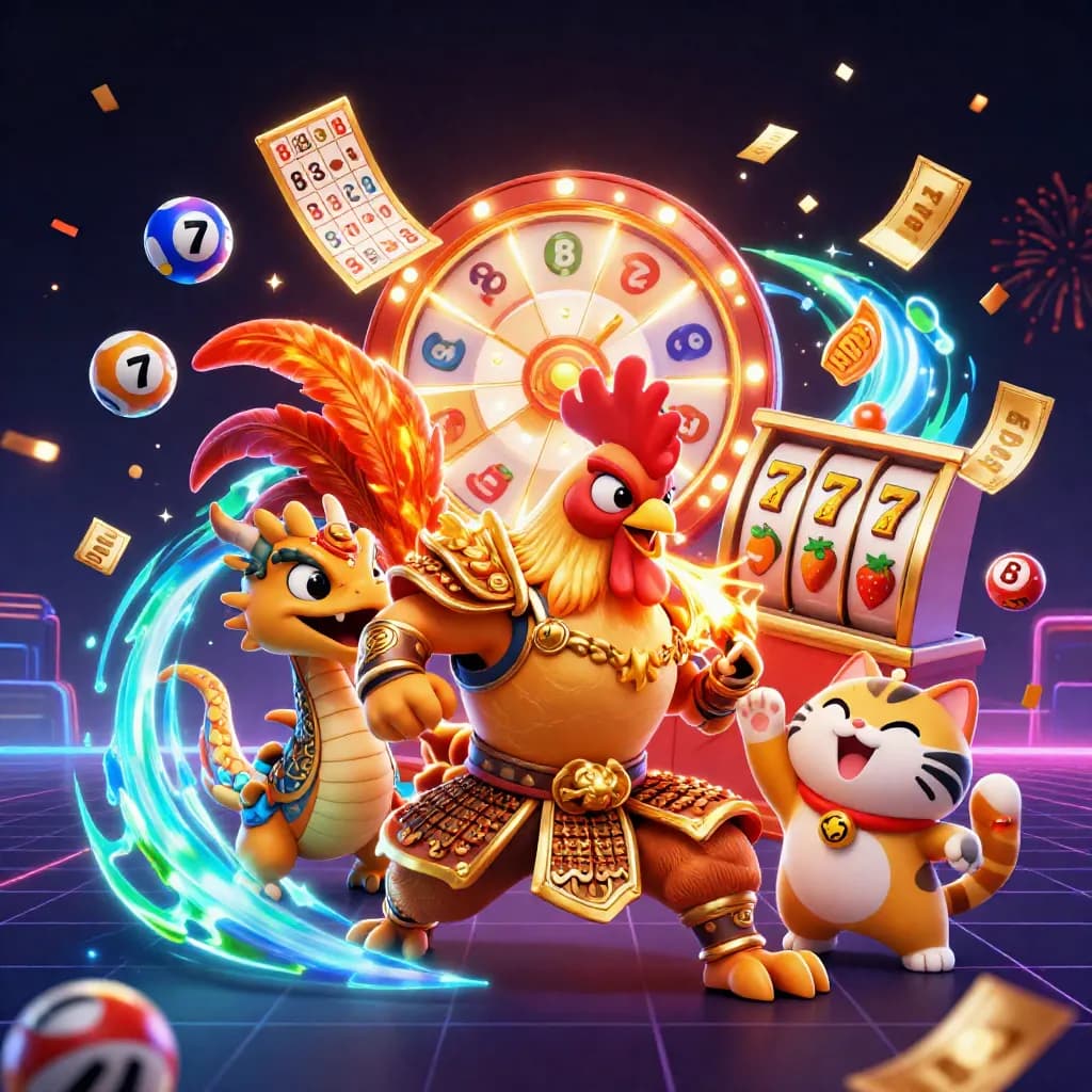 Rooster warrior, dragon hatchling, and fortune-cat amid neon casino bursts and prize elements.